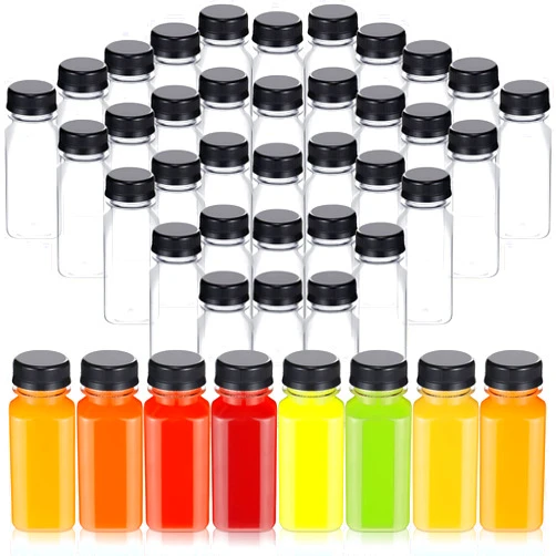 Patelai 48 Pcs Plastic Juice Bottles Bulk with Caps, Small Reusable Clear Bottles for Juicing, Smoothies, Tea, Milk, Coffee (Black, 8 oz)