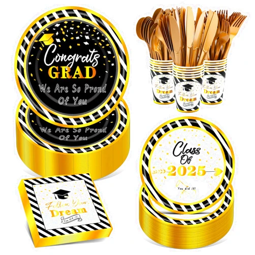 Nuolifee 350Pcs Graduation Paper Plates Set - (Serve 50) with 9inch Dinner Plates,7inch Dessert Plates,Napkins,Cups, Forks,Knives,Spoons for 2025 Graduation Party Supplies (Black and Gold)