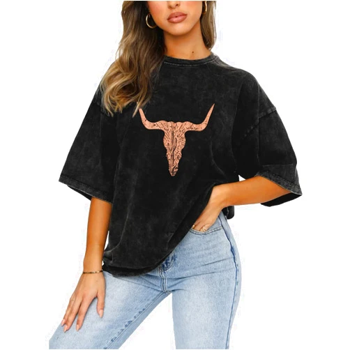 Ritatte Rodeo Cow Skull Shirts for Women Vintage Western Bull Skull Graphic T-Shirt Retro Cowgirl Oversized Casual Tee Tops