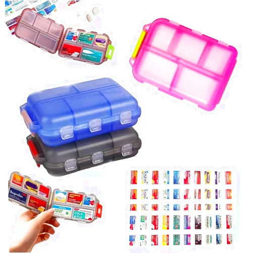 Cyauskoe 5PCS Travel Pill Case with Optional Medicine Stickers Labels, Pill Box Pill Organizer with Labels, Pill Container with Pill Stickers Medication Labels with 10 Compartments