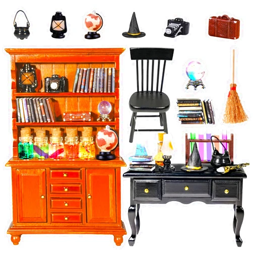 Rileryan 54 Pcs 1:12 Scale Magic Witchy House Kit Halloween Miniatures Furnitures Accessories Mini Wooden Bookshelf Bookcase 30 Mini Books Desk Chair Halloween Decoration Gift