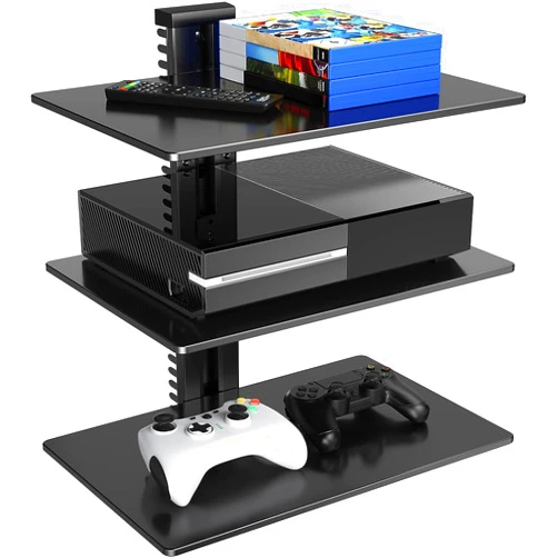 PERLESMITH Floating Wall Mounted Shelf AV Mount Shelf - Holds up to 16.5lbs - DVD DVR Component Shelf with Strengthened Tempered Glass - Perfect for DVD Players, TV Box and Cable Box, PSDSK3
