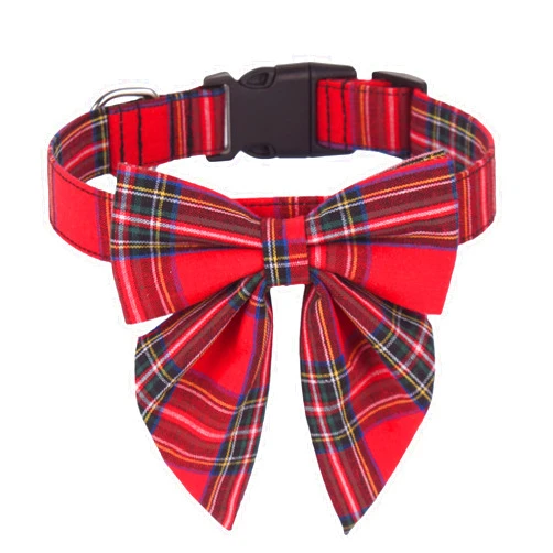 ADOGGYGO Christmas Dog Collar with Bow, Adjustable Cotton Red Plaid Bowtie Dog Christmas Collars for Small Medium Large Dogs Pets (Small, Xmas)