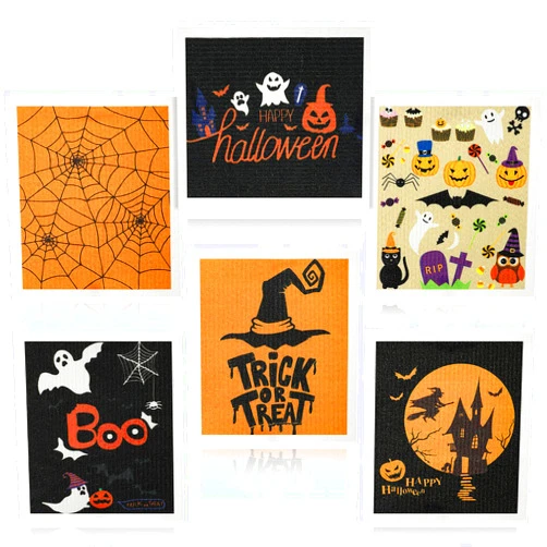 Honeydak 6 Pcs Halloween Swedish Dish Towels Ghost Pumpkin Swedish Kitchen Dishcloths Washable Reusable Halloween Dish Cloths Witch Absorbent Fast Drying Cleaning Cloth for Home Party Decor