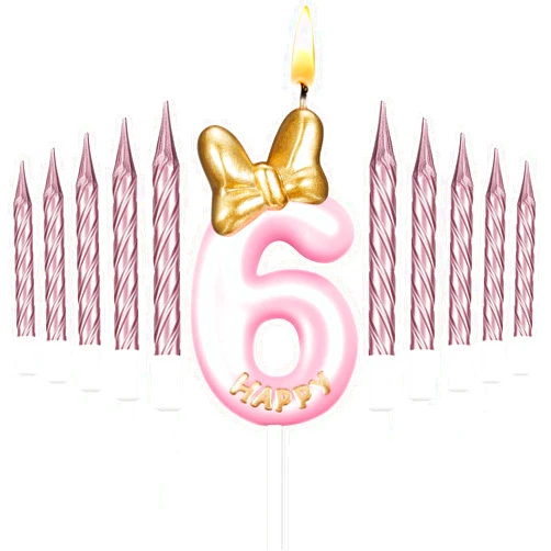 BBTO Number 6 Birthday Candle Pink Birthday Candle Girl with 10 Pieces Pink Candles Long Thin Cupcake Candles in Holders for Cake Topper Birthday Baking Decor Supplies