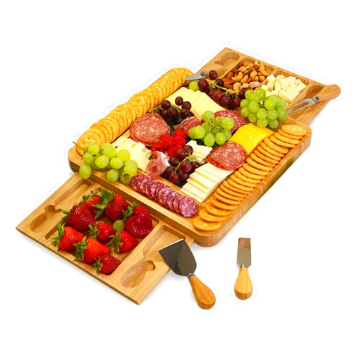 Bam & Boo Bam&Boo - Natural Bamboo Charcuterie Board 6-Piece Set - Food & Drink for Anniversaries, Gifts, Weddings, House Warming, Parties (Large, 13” x 13” x 2”)