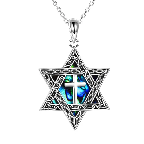 CRMAD Star of David Cross/Chai/Tree of Life/Peace Sign Necklace for Women Men Sterling Silver Cross Abalone Shell Jewish Jewelry