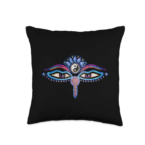 SPIRITUAL SIGNS AND SYMBOLS by yuma Buddha Eyes, Buddhism, yin yang, Lotus Flower, Yoga, Spirit Throw Pillow, 16x16, Multicolor