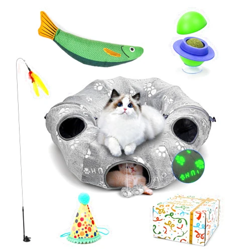 OUHOU Interactive Cat Toys with Cat Tunnel Bed, Bite Resistant Catnip Toy, Feather Toys, Catnip Balls and Fish, Cat Toys for Indoor Cats, A Birthday Gift for Cats