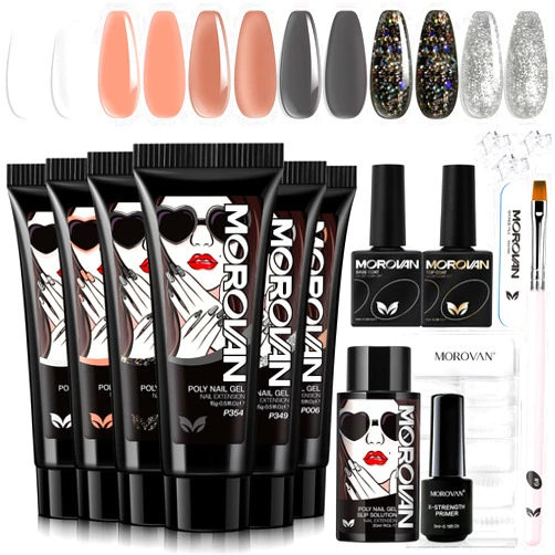 Morovan Poly Gel Nail Kit - 6 Colors Poly Nail Gel All In One Poly Extension Gel Nail Set with Base & Top Coat Poly Gel Kit Professional French Manicure Builder Nail Gel For Beginner DIY Nail Art at Home