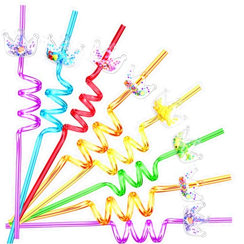 AFZMON 24 Glitter Princess Party Favors Reusable Crown Drinking Straws 6 Designs Great for Princess Theme Birthday Party Supplies with 2 Cleaning Brushes