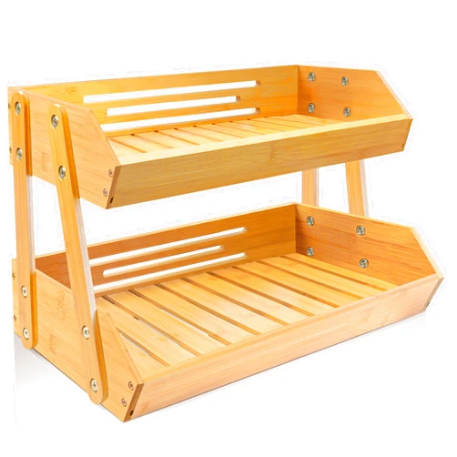 Bewbow [Upgraded Length] 16.5-Inch Fruit Stand Storage Holder, 2 Tiers Fruit Basket with 4 Legs, Bamboo Fruit Bowl Holder for Fruit, Vegetable, Bread and Snack, Home Kitchen Countertop Organizer (Natural)