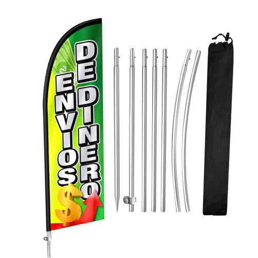 QSUM Envios De Dinero Flag for Business, Envios De Dinero Signs, 8FT Polyester Advertising Swooper Flag with Aluminium Alloy Flag Pole Kit, Stainless Steel, Ground Spike, Portable Bag