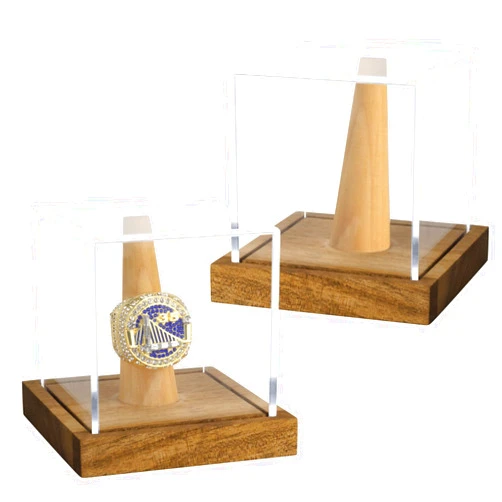 Hooqict 2 Pack Championship Ring Display Case Clear Acrylic Display Case with Wood Stand Base Mini Baseball Softball Ring Holder Single Ring Display Box 1 Slot Ring Case Display for Collectibles