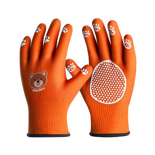 COOLJOB Large Toddler Gardening Gloves for Little Boys Girls Ages 6-9, Breathable Kids Work Gloves with Grippy Animal Paw Dots for Children Yard Landscape, Brown Bear, 1 Pair