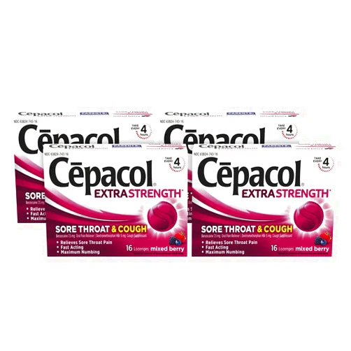 Cepacol Extra Strength Sore Throat & Cough Relief Lozenges, 16 Count, Mixed Berry Flavor, Maximum Numbing, Fast Acting Relieves Sore Throat Pain, and Quiets Cough (Pack of 4) 16 Count (Pack of 4)