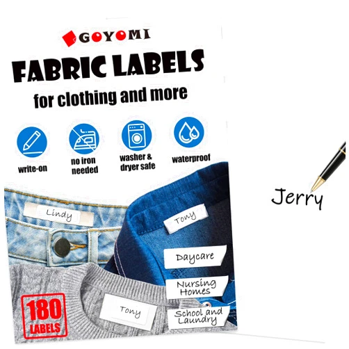GOYOMI No-Iron Fabric Labels, Kids Clothing Labels Self-Stick Write-On, Name Labels for Daycare, Camp, School, Toys, Organizing, Washer & Dryer Safe, Pack of 180