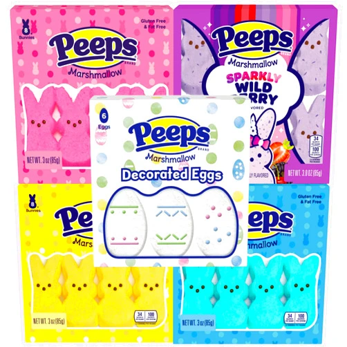 Sweetzo Easter Peeps Marshmallow Candy, Bunny Assortment, Sparkly Wilberry, Pink, Yellow, Blue, and Decorated Eggs, (Pack of 5)