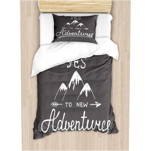Ambesonne Adventure Duvet Cover Set, Say Yes to New Adventures Typographic Words Scribble Mountains, Decorative 2 Piece Bedding Set with 1 Pillow Sham, Twin Size, Charcoal Grey and White