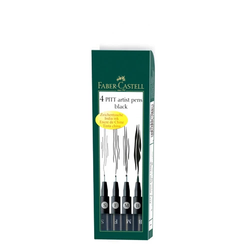 Faber-Castell Art & Graphic Pitt Artist Pen India Ink Pen, Black, Wallet Of 4, For Art, Craft, Drawing, Sketching, Home, School, University, Colouring