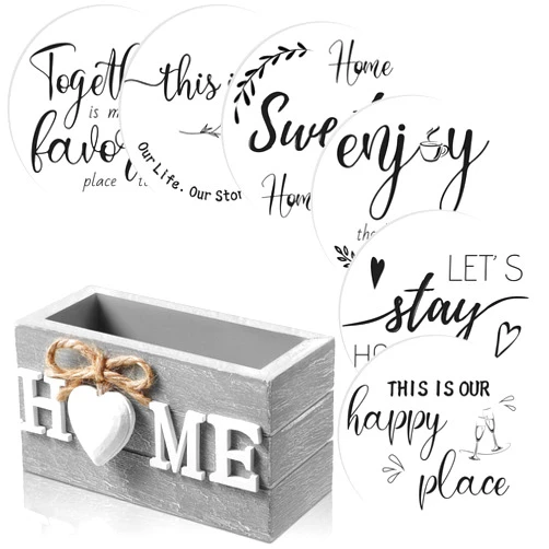 Queekay Coasters Set of 6 House Warming Gifts New Home Wooden Farmhouse Drink Coasters with Holder 4'' Funny Decoration for Kitchen Family Coffee Bar Tabletop Protection(White,Gray)