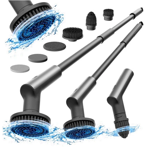 HOTO Cordless Electric Spin Scrubber, IPX7 Full Body Waterproof Bathroom Cleaning Brush, Max 22 in-lb, Shower Scrubber Brush with Long Handle, 6 Brush Heads, Power Scrubber for Bathroom, Floor, Tile