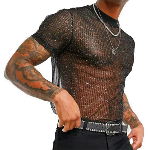 Evankin Mens Sexy Glitter Shirt Top See Through Lace Short Sleeve T-Shirt Sheer Mesh Undershirts to Show Muscle