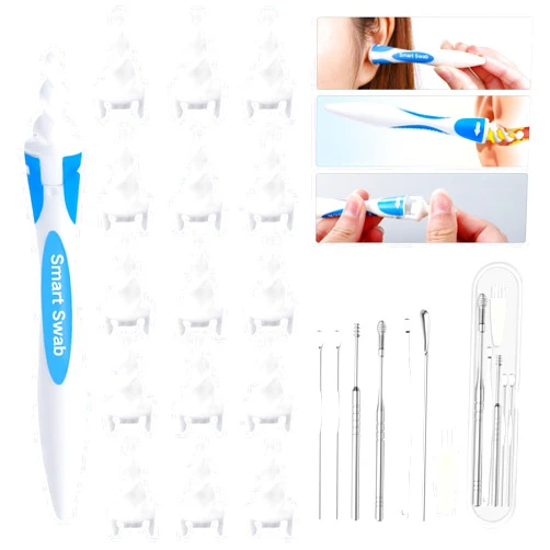 JIAYINGJIA 8 in 1 Spiral Ear Wax Removal Kit, Q-Grips Soft Silicone Ear Cleaner, Reusable and Washable Spiral Ear Wax Removal Tool with 16 Pcs Flexible Replacement Heads, Safe Ear Care Product, Earwax Removal