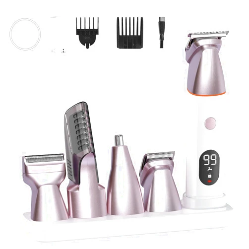 EKBUIL Bikini Trimmer for Women and Men, 5-in-1 Wet/Dry Body Hair Trimmer, Gentle Hair Removal Razor for Full Body Groomer, Electric Razor Shaver with USB Charge Dock -No Nick, No Cut, No Razor Burn (Pink)