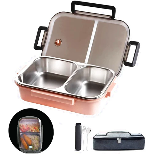 LANSKYWARE 2 Compartments Lunch Box Stainless Steel, Lunch Box With Lunch Bag and Portable Utensils, 1000 ml Stainless Steel Lunch Box For Adults
