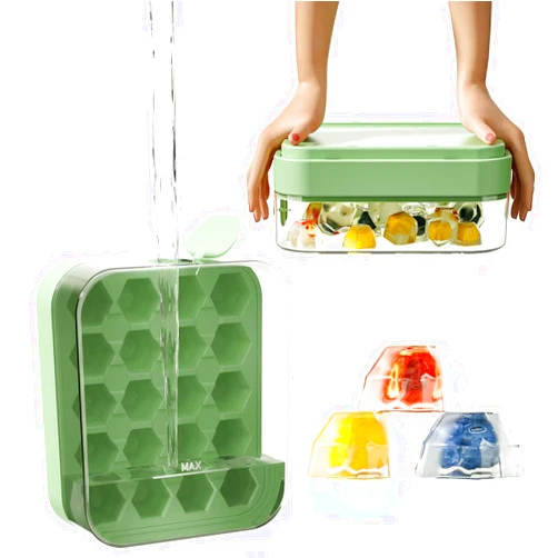 Samuelworld Ice Cube Tray with Lid and Bin – 2025 Upgraded Silicone Ice Cube Tray for Freezer, 20 Easy fill and Quick release BPA-Free Honeycomb Ice Mold, Hygienic No-Touch Design, Green