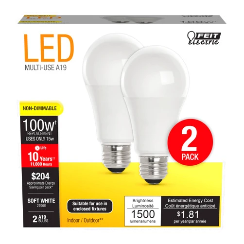 Feit Electric A19 LED Light Bulbs, 100W Equivalent, Non Dimmable, 1600 Lumens, E26 Standard Base, 2700k Soft White, 80 CRI, 10 Year Lifetime, Energy Efficient, 2 Pack, A1600/827/10KLED/2