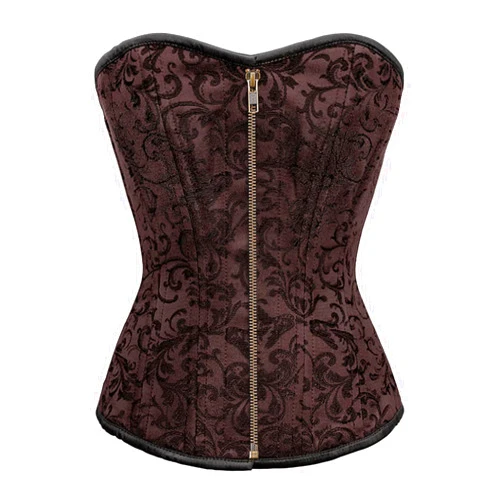 CorsetsNmore Women’s Brown Brocade Steel Boned Front Antique Zipper Overbust Corset