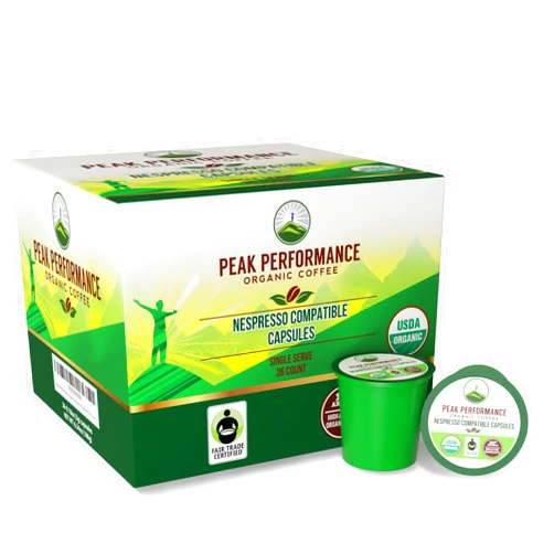 Peak Performance Organic Nespresso Compatible Capsules - Peak Performance Fair Trade, Low Acid, Organic Espresso Coffee Pods (36 Count) Compatible With All Nespresso Capsule Brewers. Medium Roast Single Serve Pod
