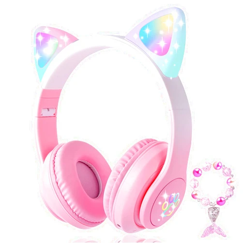 KORABA Cat Ear Kids Headphones Bluetooth, LED Light up Wireless/Wired Mode Over Ear Headphones with Build in Microphone for School/Travel (Pink)