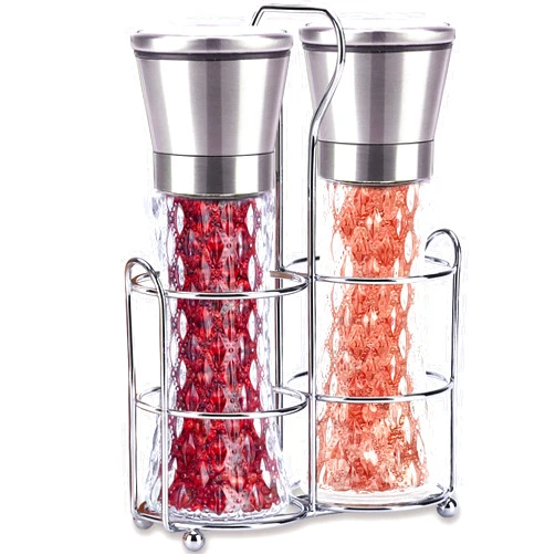 AAILDEHY Salt and Pepper Grinder Set of 2 - Stainless Steel Salt and Pepper Mill with Adjustable Coarseness - Ceramic Pepper Grinder Refillable - Glass Spice & Kosher Salt Shaker with Stand