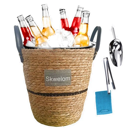 Skwelom Insulated Rattan Stainless Steel Ice Bucket - Ice Bucket For Parties With Perfect Chilling For Champagne, Cocktails, And More（8L）