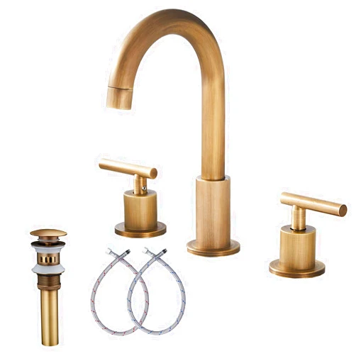 GGStudy 2-Handle Bathroom Faucet 3 Holes 360 Swivel Spout Antique Brass Widespread Bathroom Sink Faucet with Pop Up Drain