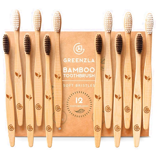GREENZLA Bamboo Toothbrushes (12 Pack) | BPA Free Soft Bristles Eco-Friendly, Natural Toothbrush Set Biodegradable & Compostable Charcoal Wooden