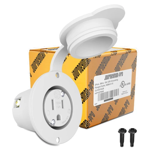Journeyman-Pro 5279 15 Amp 120-125 Volt, NEMA 5-15 Flanged Outlet, White Commercial Grade, 2 Pole-3 Wire, Straight Blade Plug Charger Receptacle (w/Front Cover)