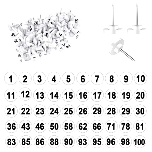 Psyqtsuary 100 PCS Numbered Push Pin Tacks, 1-100 Sequential Pins Thumb Tacks Flat Tacks Push Pins with Numbers, Plastic Head Map Pins with Steel Point Push Pins Thumbtacks for Maps Photo Poster, White