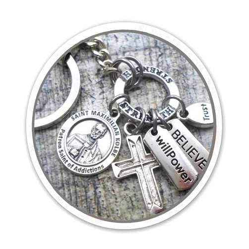 Handmade St. Maximilian Kolbe, Patron Saint of Addictions Keychain, Clip or Necklace. Divine Messenger Help, Have Strength and Will Power, Holy Help for Addicts, Prisoners. Customize with Initial or Birthstone