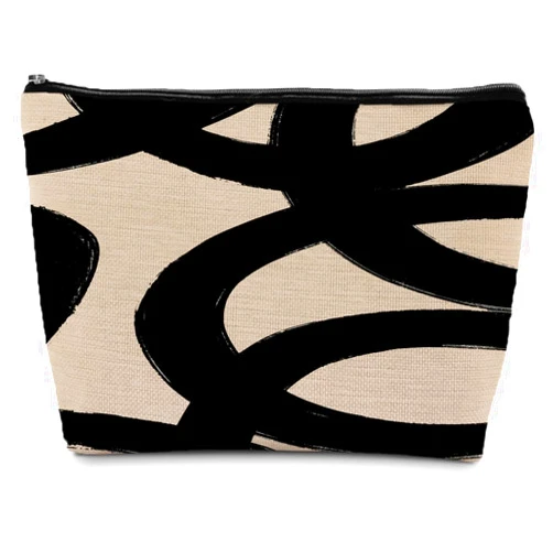 Ignytiger Abstract Beige and Black Makeup Bag, Beige and Black Line Art Cosmetic Bag for Women, Black and Beige Pouch for Women, Mid Century Modern Makeup Pouch