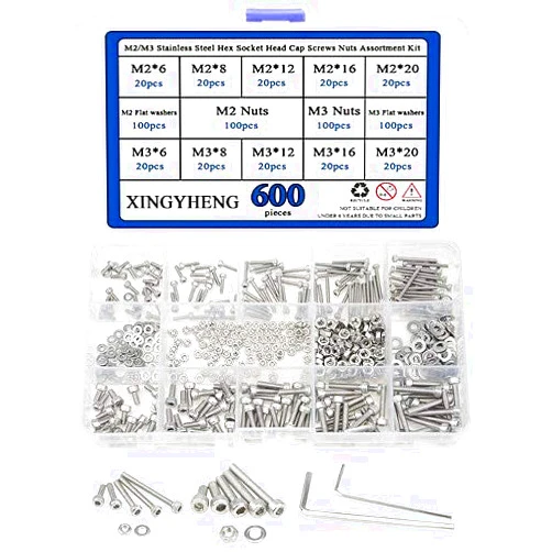 XINGYHENG 600Pcs 304 Stainless Steel M2/M3 Stainless Steel Hex Socket Head Cap Screws Nuts Assortment Kit with 2PCS Hex Keys for Free