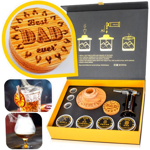 NobleSip Cocktail Smoker Kit 𝗣𝗘𝗥𝗦𝗢𝗡𝗔𝗟𝗜𝗭𝗘𝗗, all in 1 case to smoke any Drink, Old Fashioned, Whiskey, Bourbon, Scotch. Designer Gift Box Smoky by NOBLESIP, a great home bar gift for whisky lover men