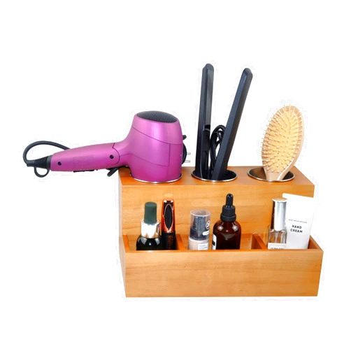 Spiretro Hair Tools Organizer - Wood Tan - Blow Dryer, Straightener, Curling Wand, Brushes Holder - Vanity & Bathroom Storage - Wall Mount or Sit on Counter