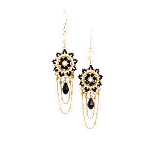 LIORA JEWELRY Designer Black and White Chandeiler Swarovski Crystal Goldfilled Long Earrings