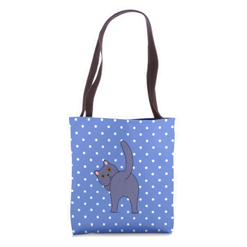 British Shorthair Kitten Back Dots Minta Funny Guess What Cat Butt Lover Navy Blue Polka Dot Pattern Tote Bag