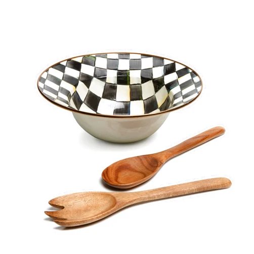 MACKENZIE-CHILDS Enamel Salad Serving Set, Enamel Bowl and Wooden Salad Servers, Decorative Kitchen Set, Black-and-White Courtly Check