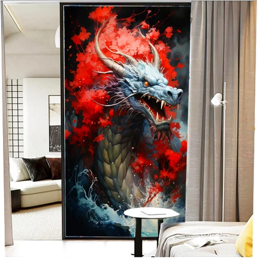Dunmat Vintage Cool Dragon Frosted Window Privacy Film Watercolor Red Chinese Animal Window Clings Non-Adhesive Vinyl Decorative Stained Glass Covering Decals 27.6Wx39.4L inch